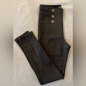 Zara Olive Green High Waisted Leggings Gold Button Detail Size M